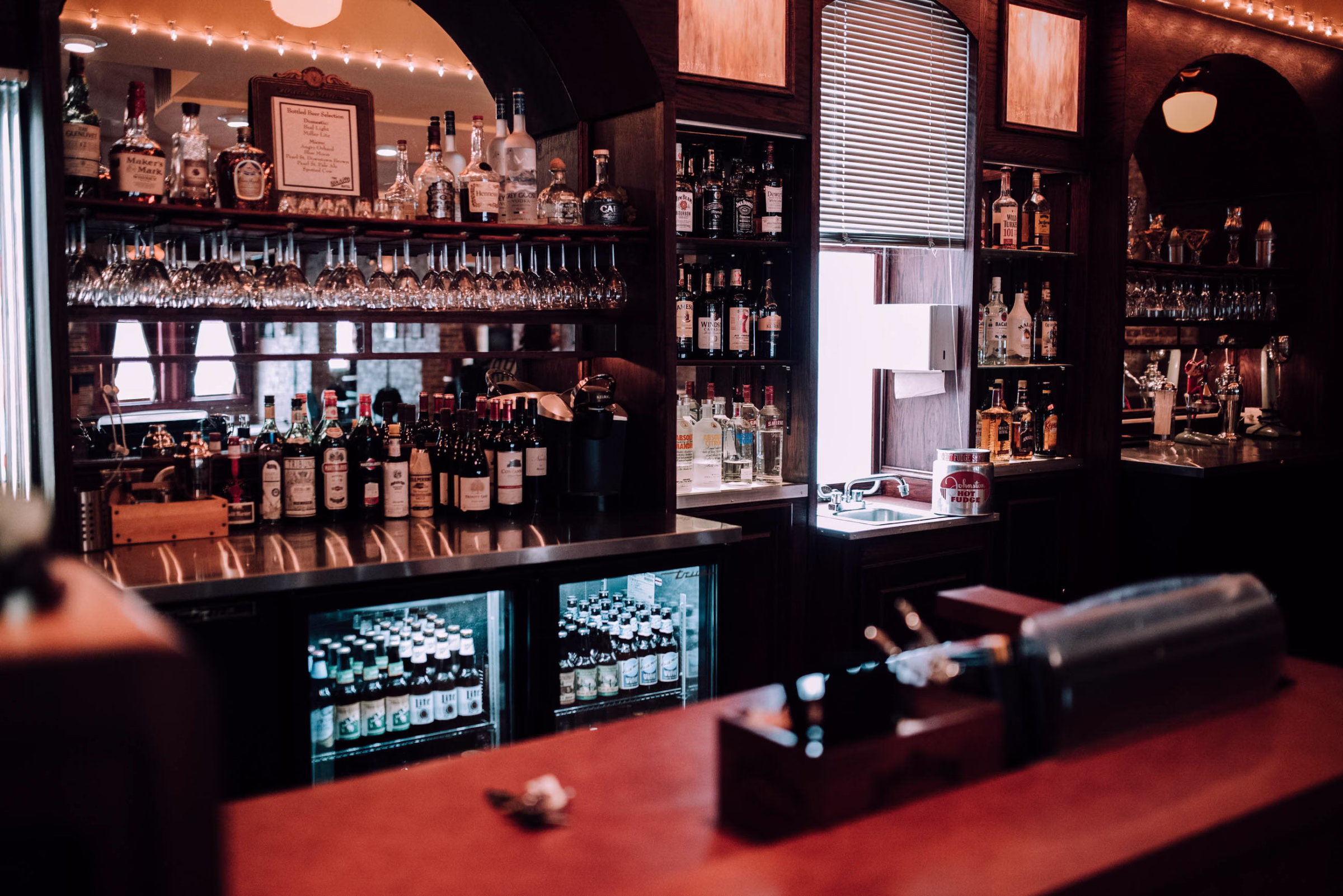 The Grand Hotel Ballroom fully stocked bar with premium liquor for wedding receptions in La Crosse, Wisconsin