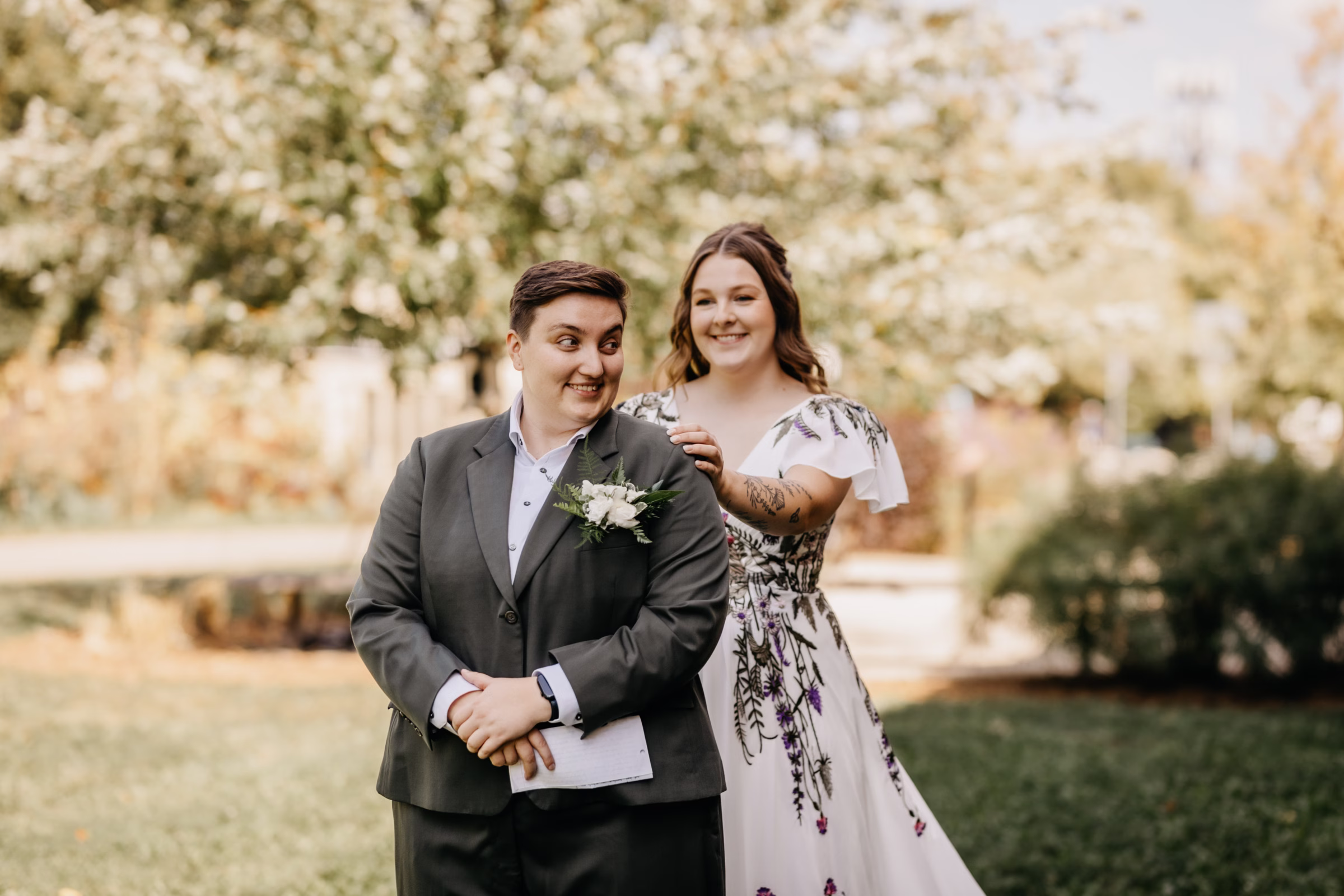 Sam and Janine excitedly have a first look followed by private vows