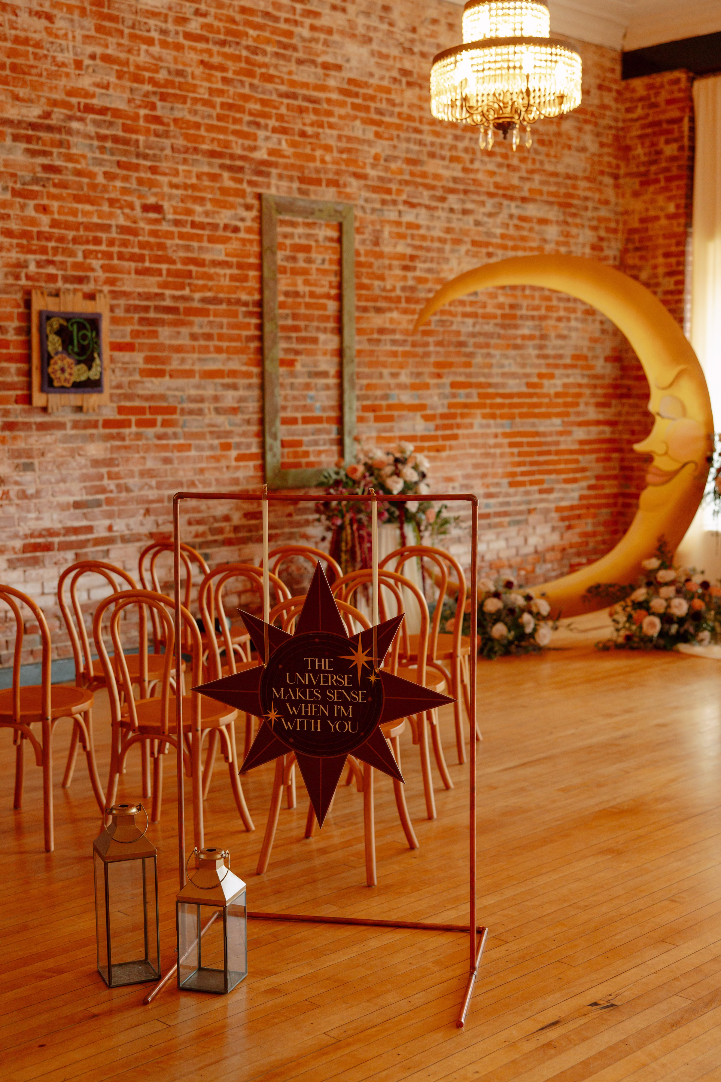 a contour-cut welcome sign from LK Bridal Studio that says, "The universe makes sense when I'm with youl"