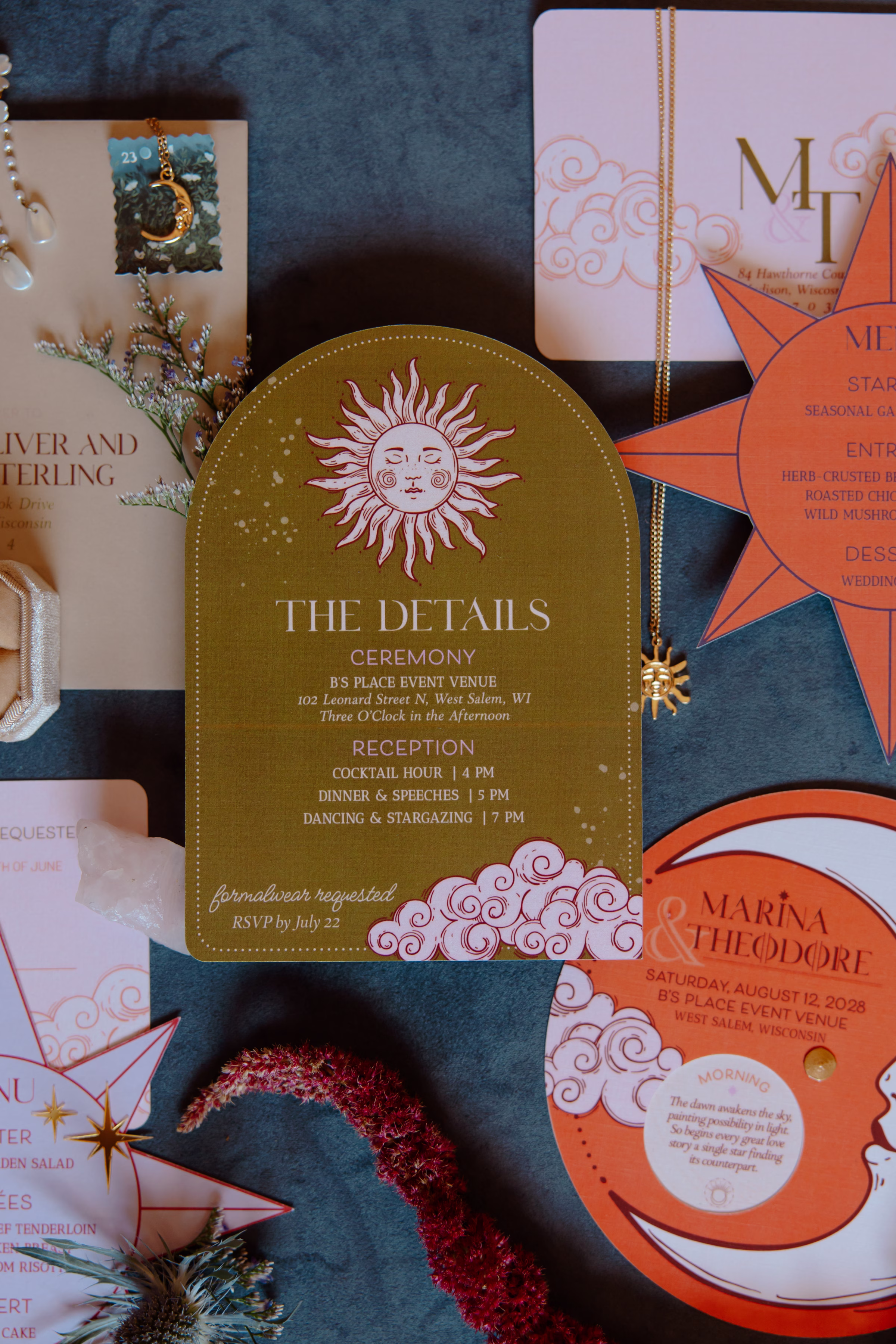 close-up of a gold arched details card with rounded edges and a sun illustration