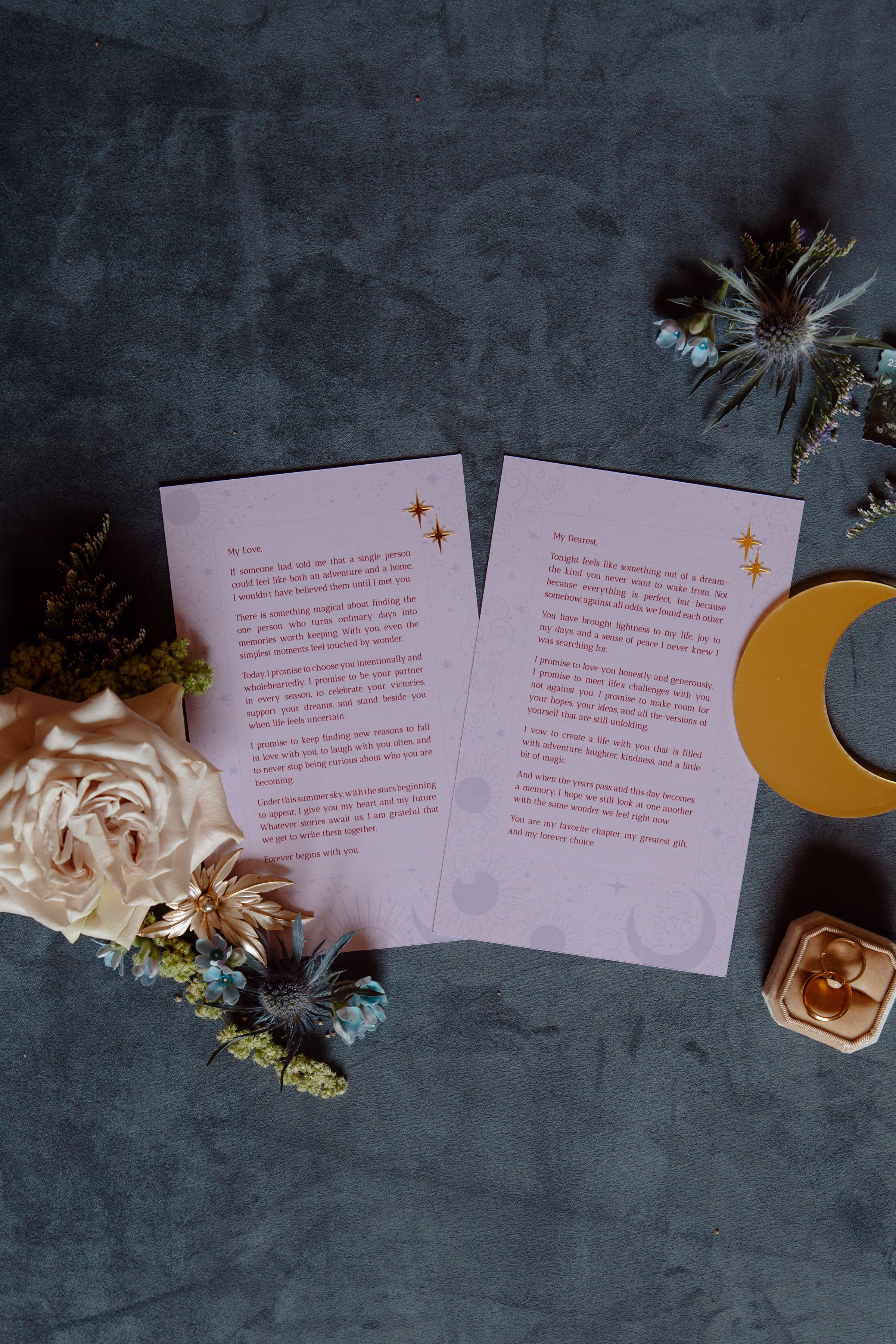 celestial inspired, contour-cut wedding stationery pieces by LK Bridal Studio in blush and gold