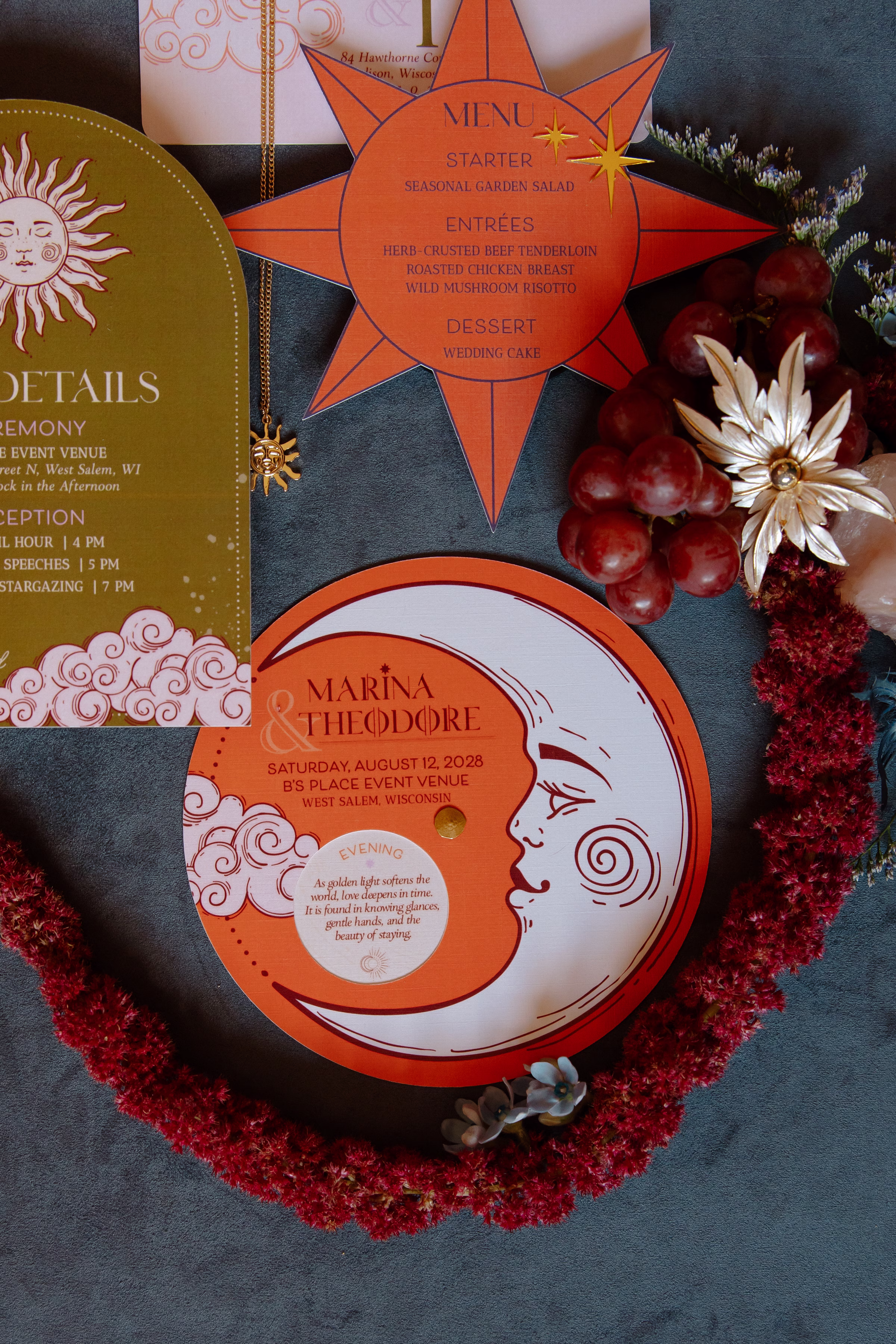 detail shot of a round, interactive volvelle stationery piece by LK Bridal Studio. The piece features a half moon and clouds, with a circle cutout that details the wedding day schedule from morning to reception